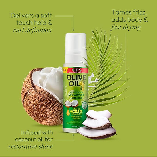 ORS OLIVE OIL HOLD & SHINE WRAP SET MOUSSE INFUSED WITH COCONUT OIL 7.0 OZ