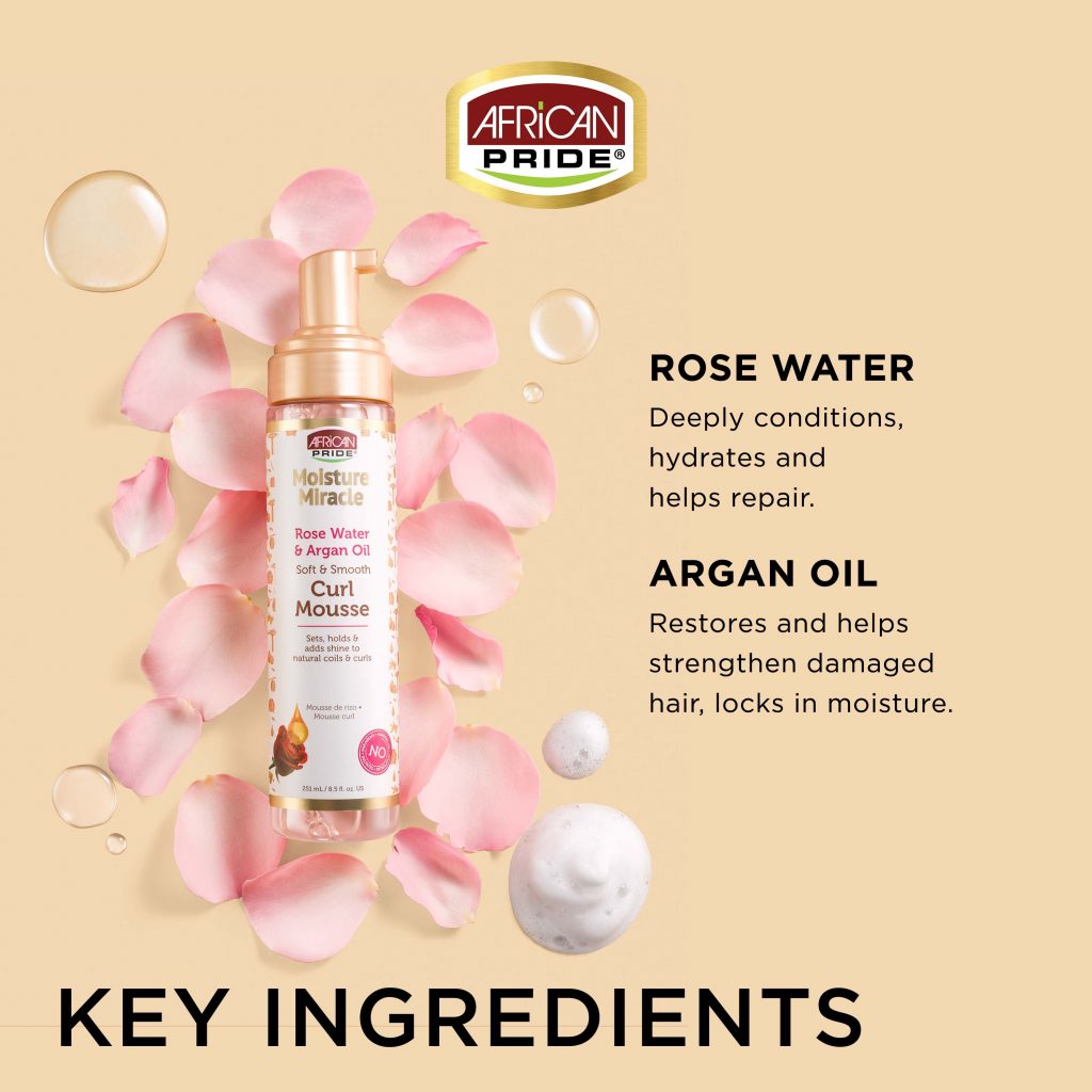 African Pride Moisture Miracle Rose Water & Argan Oil Curl Mousse 8.5 FL OZ